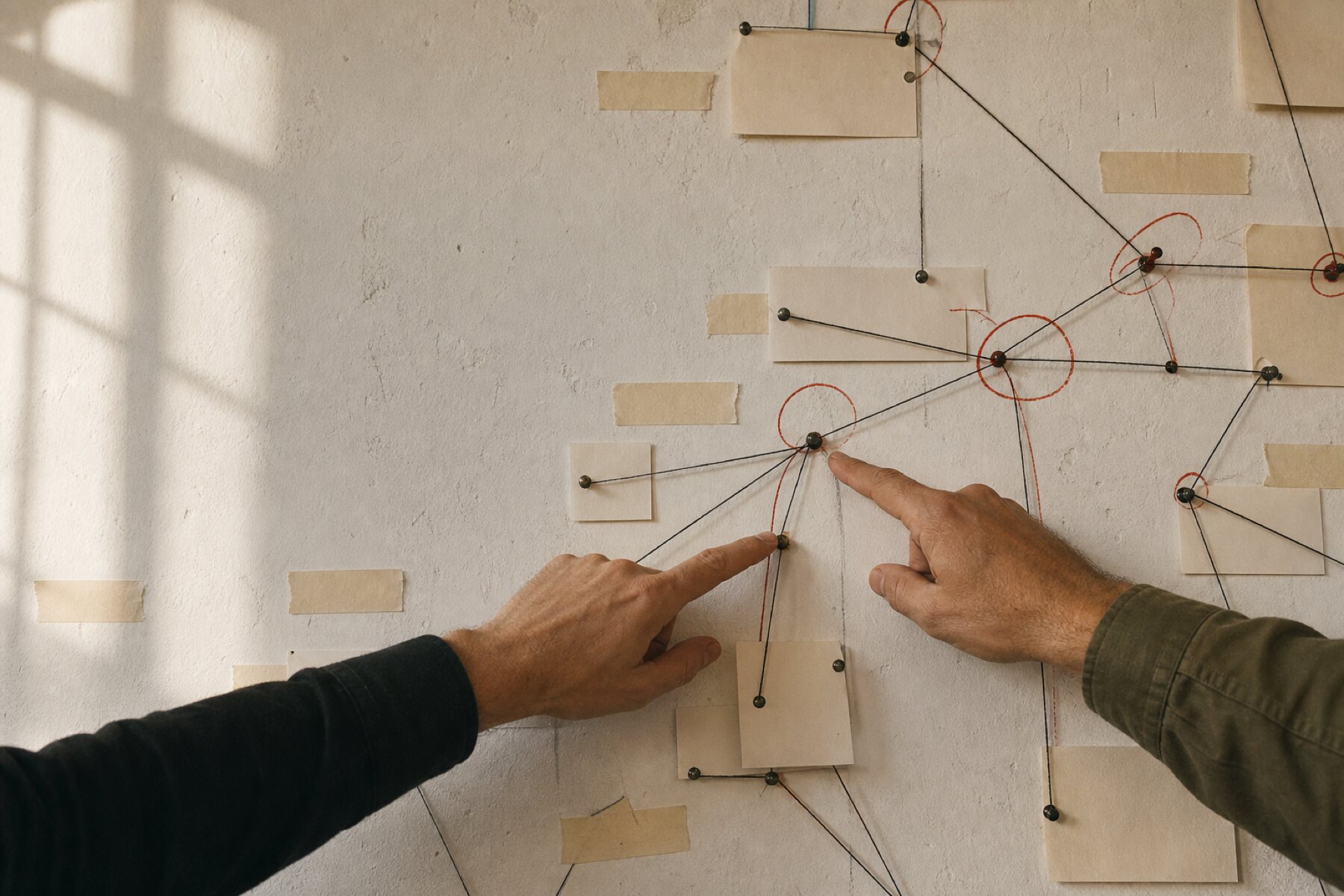 Two people tracing a junction in a wall-mounted process map made from cards and thread