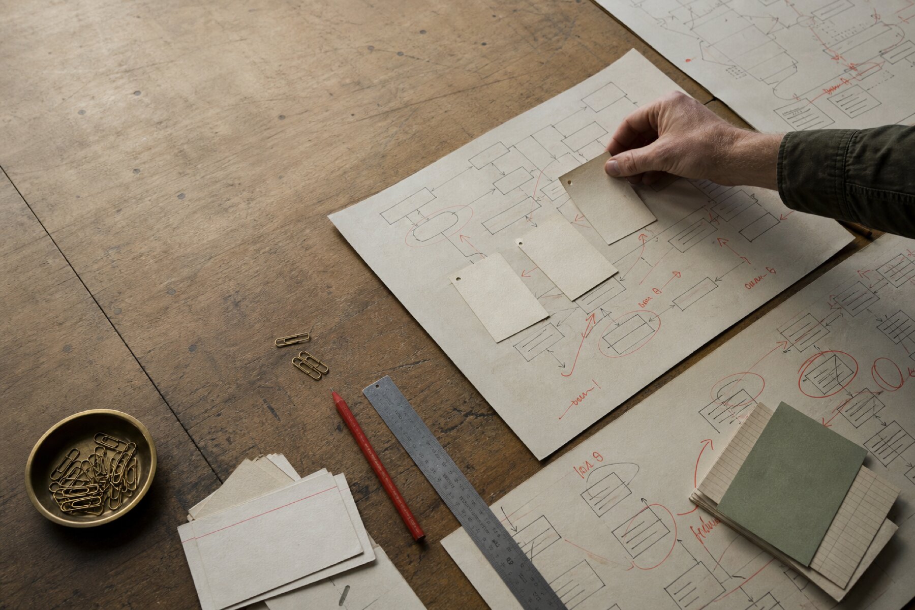 A hand moving a card across annotated process diagrams on a worktable